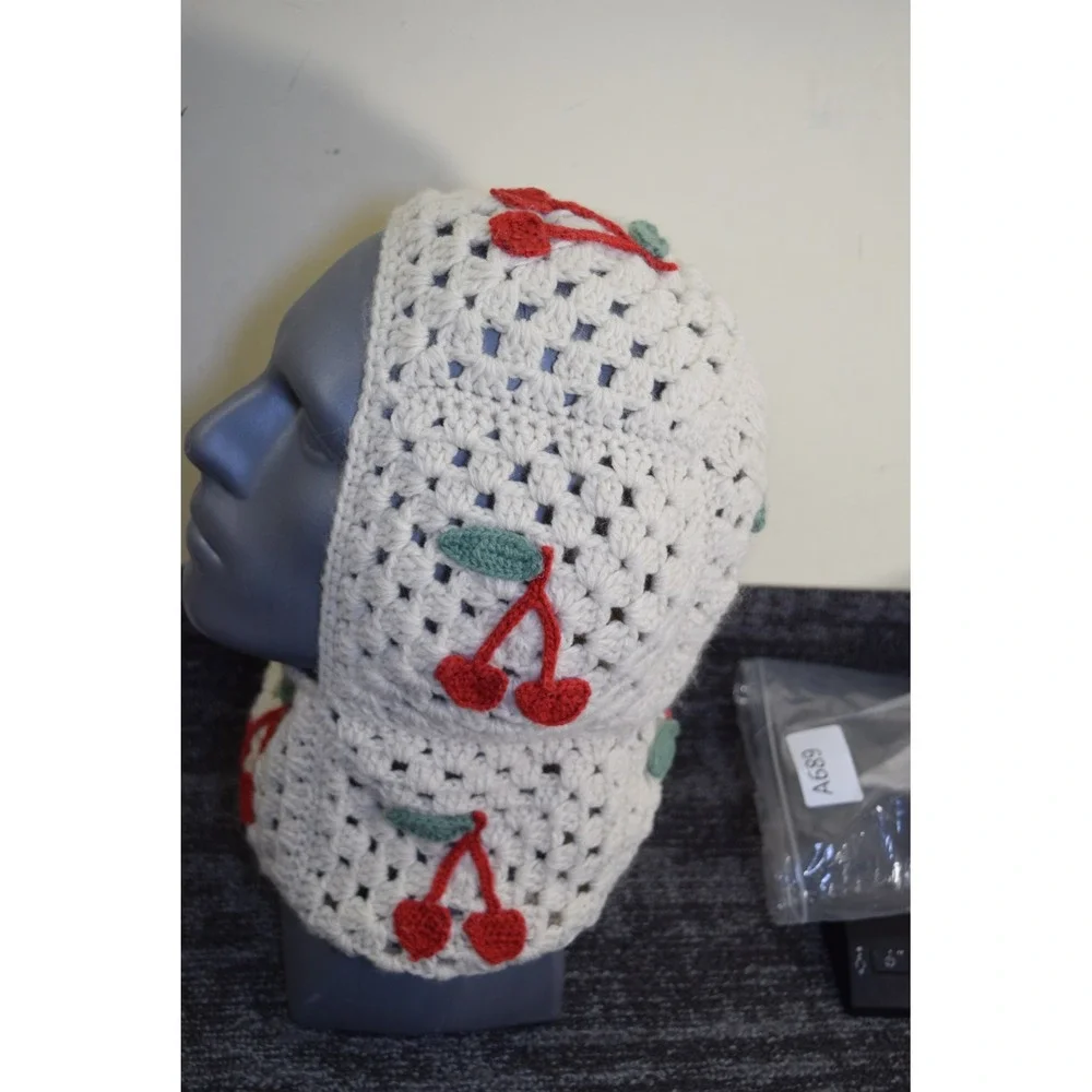 Urban Outfitters Cherry Crochet Balaclava Creme Off-White Granny Square Hood NEW